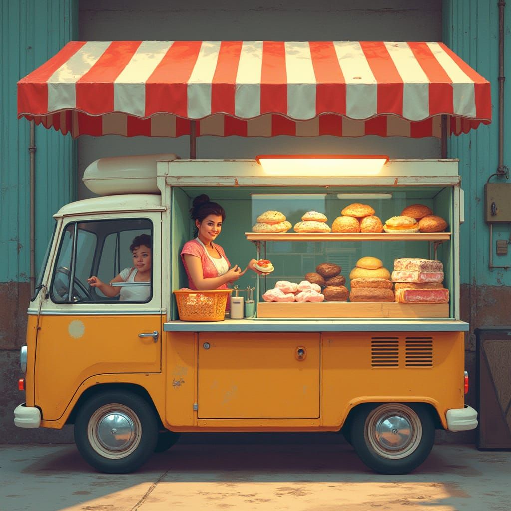 Pastry Vendor in Car Factory, Digital Art