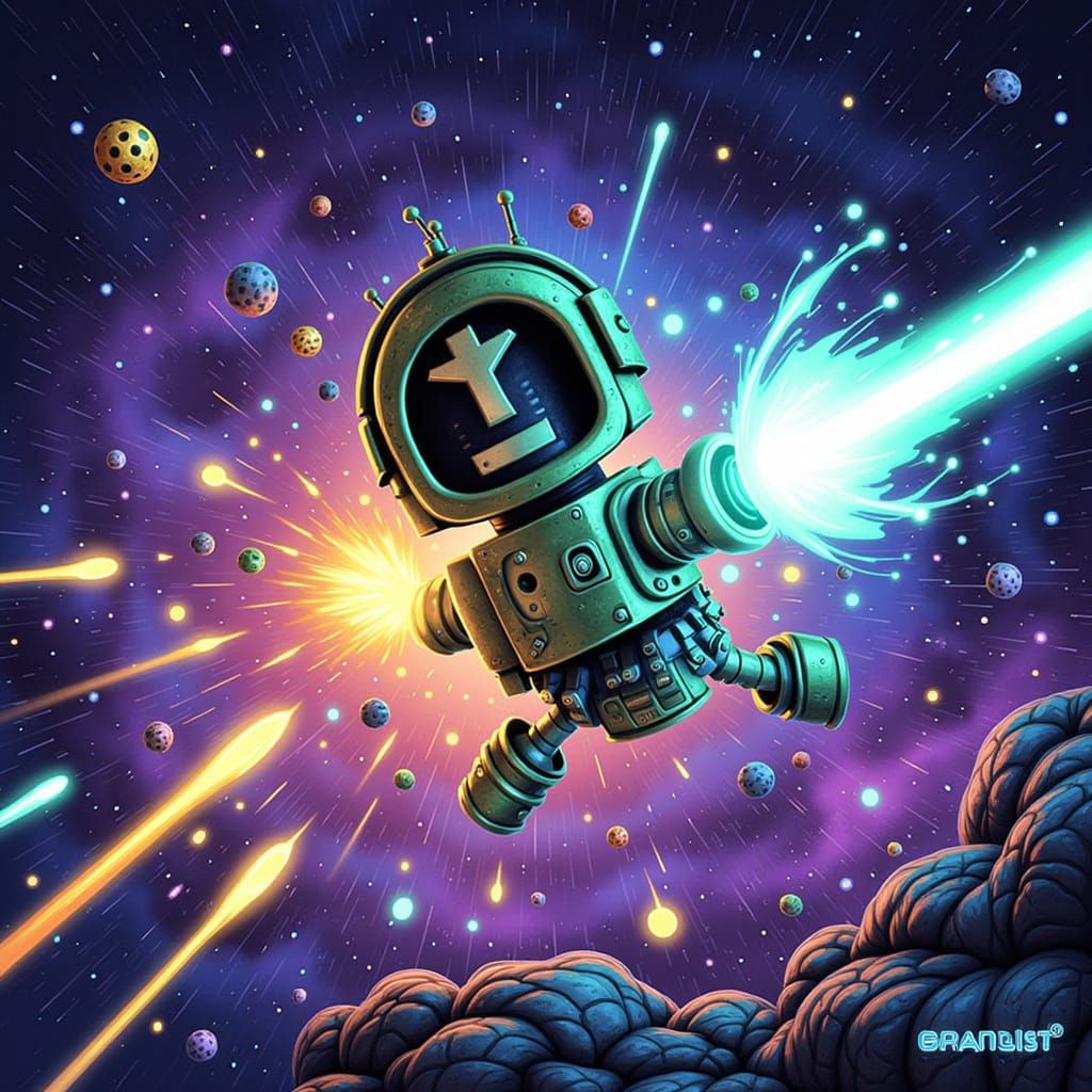 Magical Roombas Battle on Cosmic Field in Comic Style