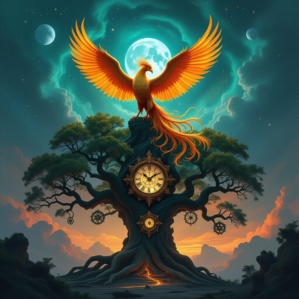 Golden Phoenix on Clockwork Tree in Nebula