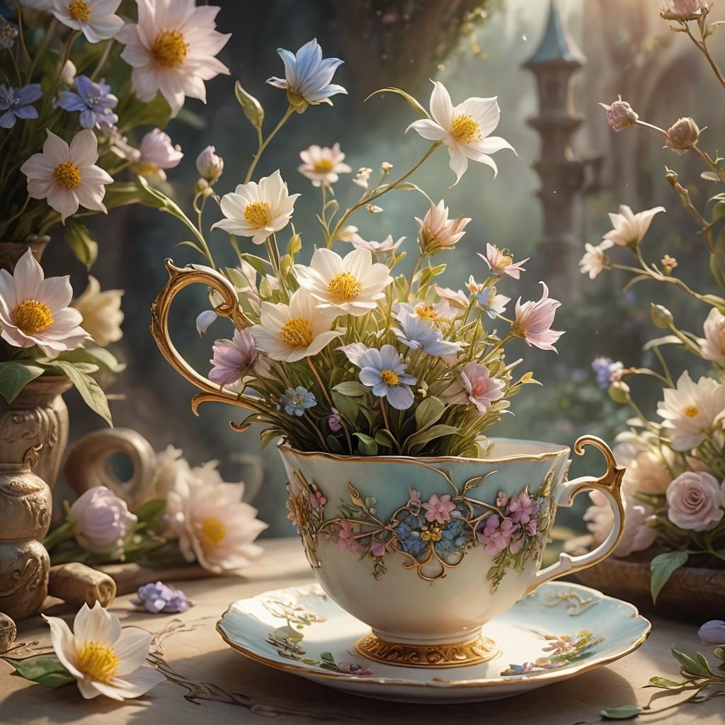 Whimsical Teacup Overflowing with Pastel Flowers