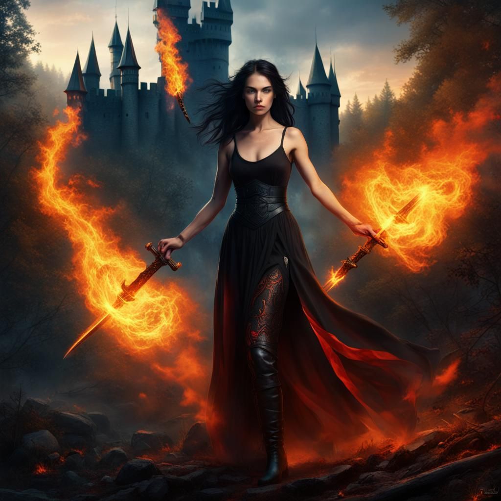 Woman with Fiery Sword in Burning Forest