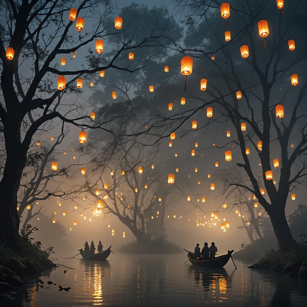 Lanterns Released on Misty River at Twilight