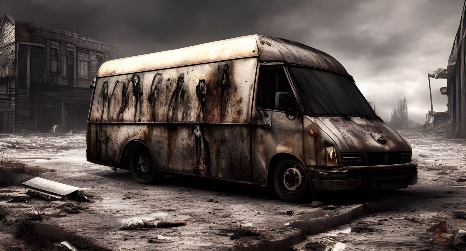 Post-Apocalyptic Van in Dark, Hyper-Realistic Style