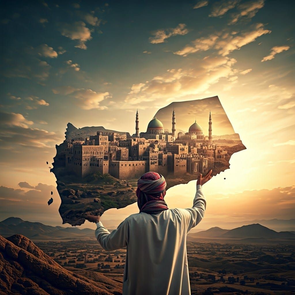 Traditional Yemeni Man Holds Dreamlike Sana'a Cityscape