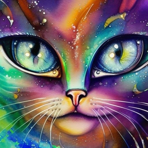 Fantasy Watercolor Cat with Big Eyes