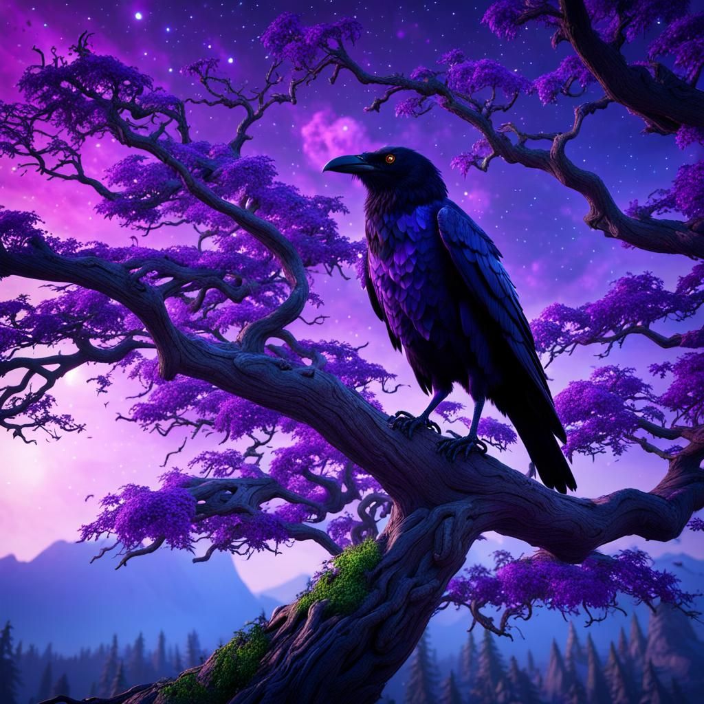 view of a crow on top of a tree, epic fantasy style, purple ...