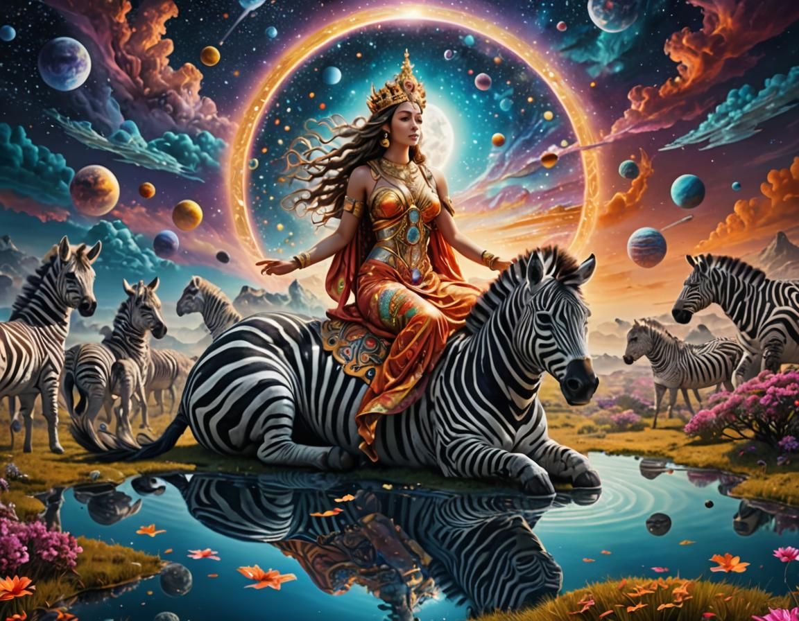 Goddess on Zebra in Surreal Astral Landscape