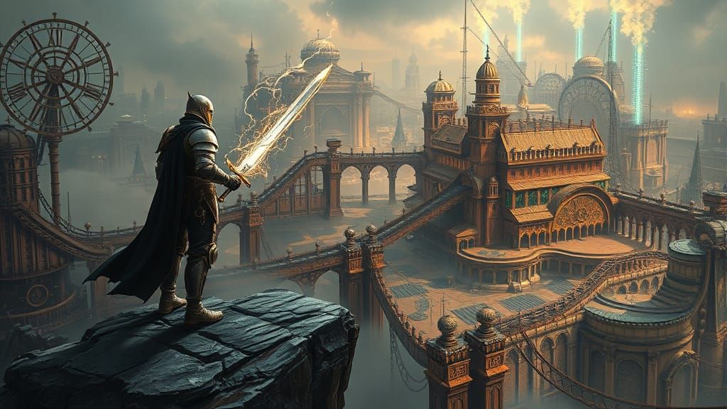 Steampunk Knight Guarding Clockwork City in Hyperdetailed St...