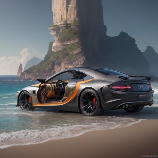 Futuristic Car on Coastline in Detailed Digital Art