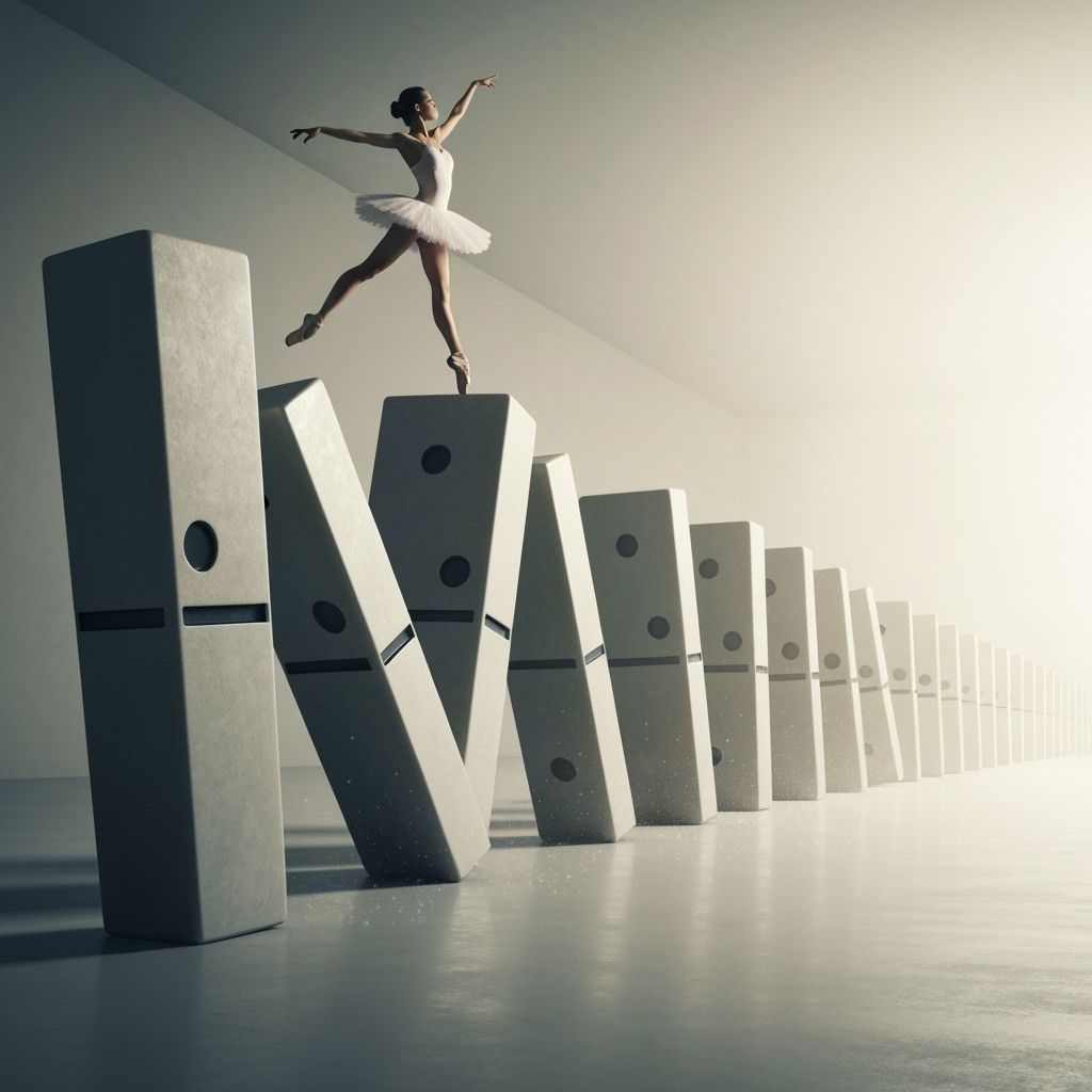 Ballerina Leaping Across Dominoes in Dramatic Chain Reaction
