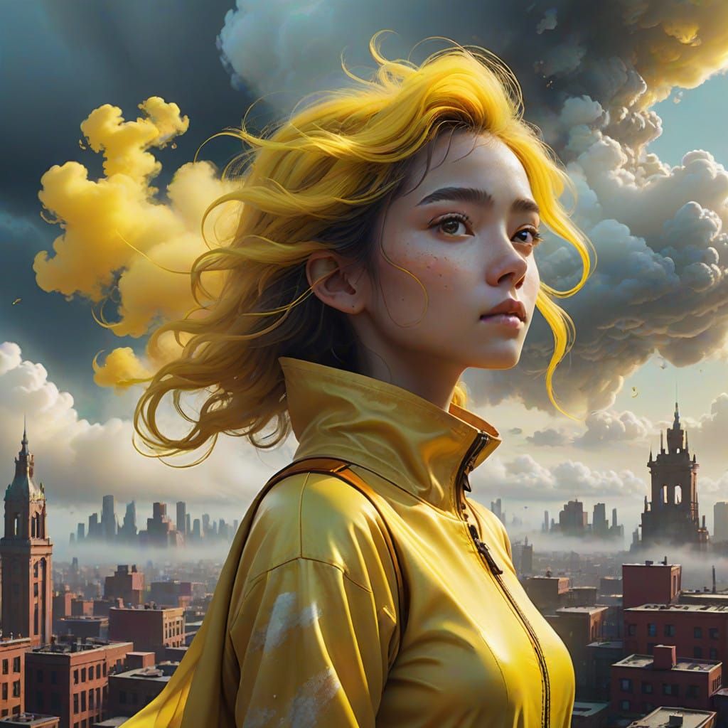 Ethereal Yellow Cloud Goddess in Vibrant Fantasy Cityscape