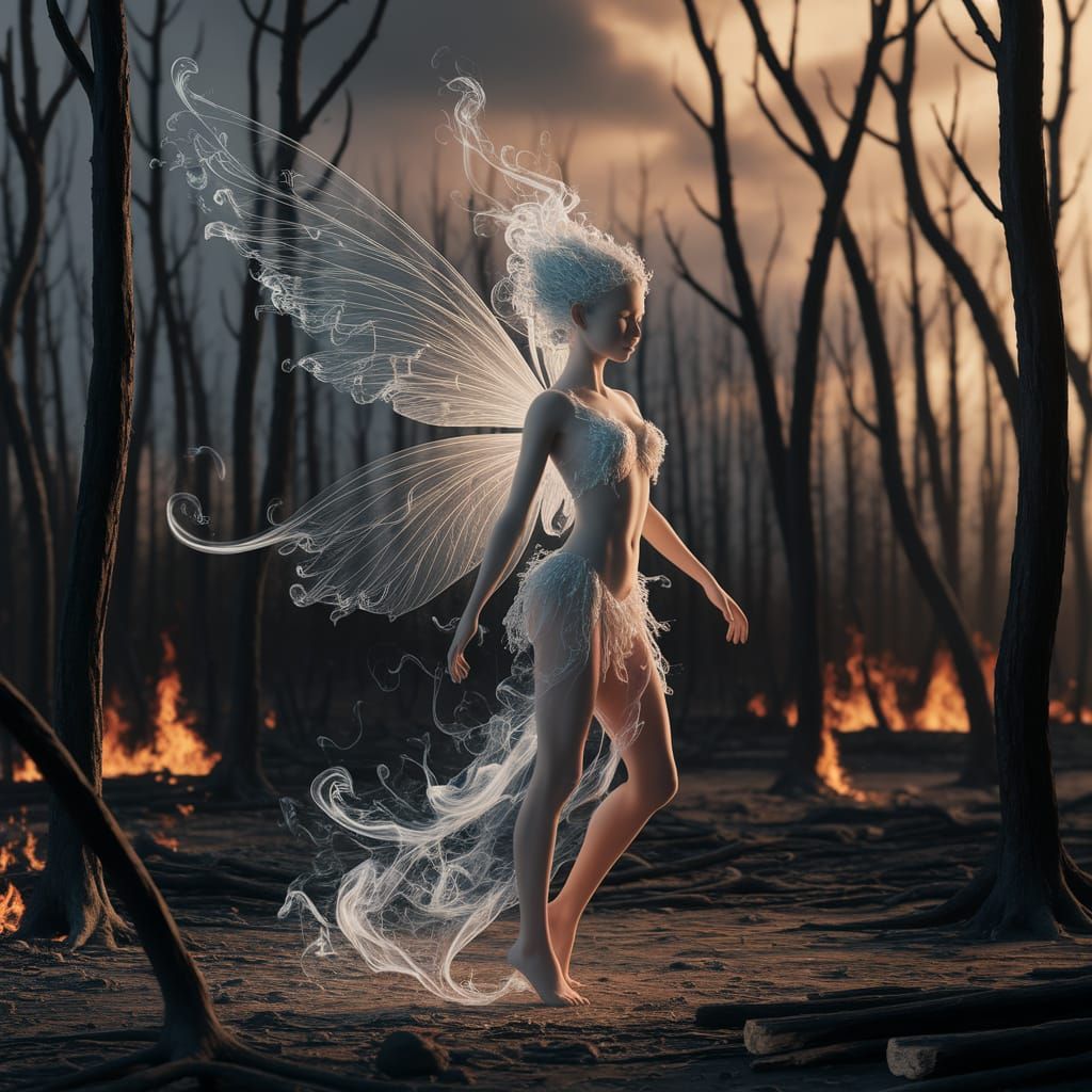 Ethereal Smoke Fairy in Charred Forest, Digital Art