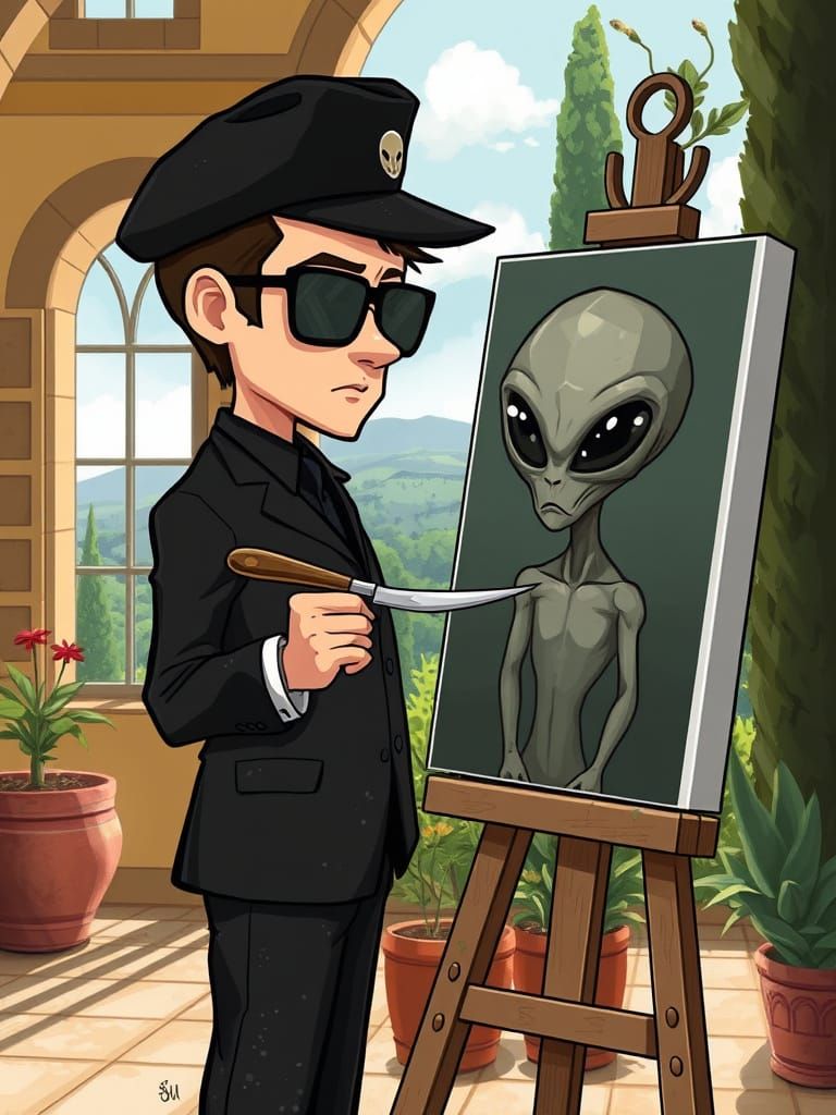 Men in Black Painter in Tuscan Villa, Chibi Style