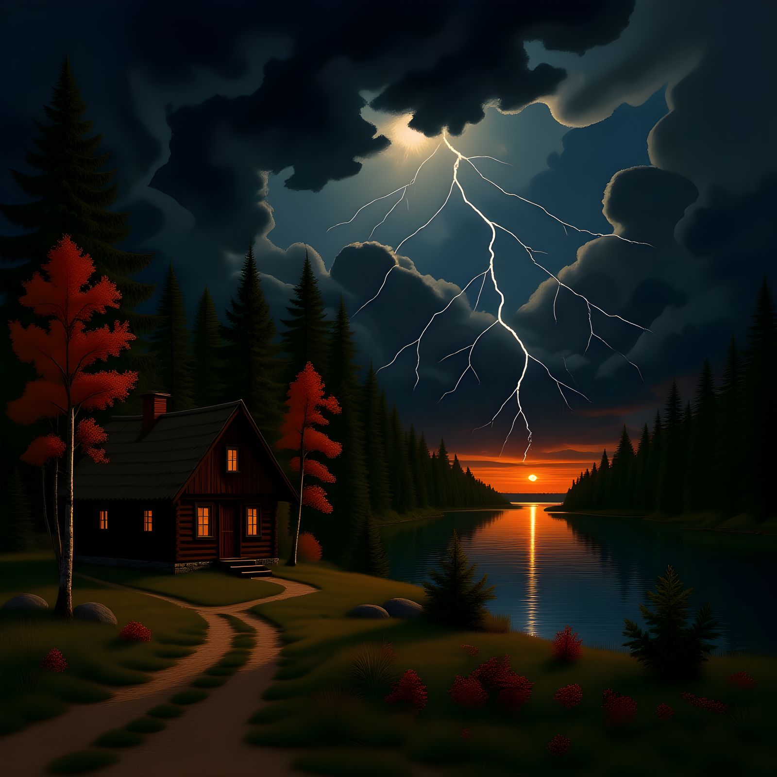 Lakeside Cabin During a Lightning Storm