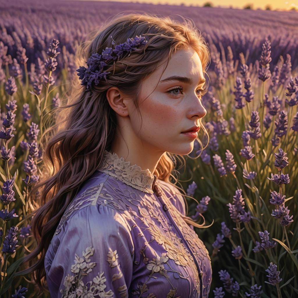 Teenage Girl in Lavender Field: Impressionistic Concept Art