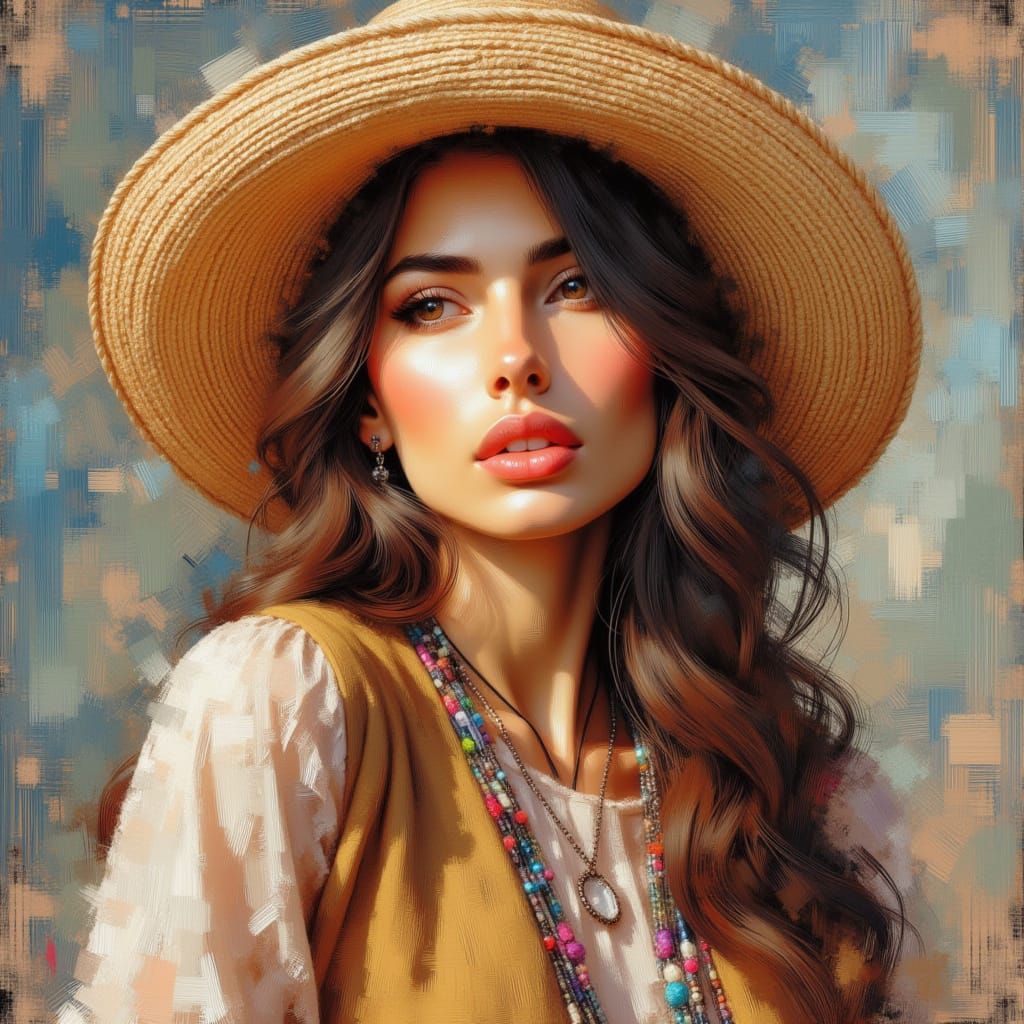 Boho Woman in Straw Hat: A Digital Painting