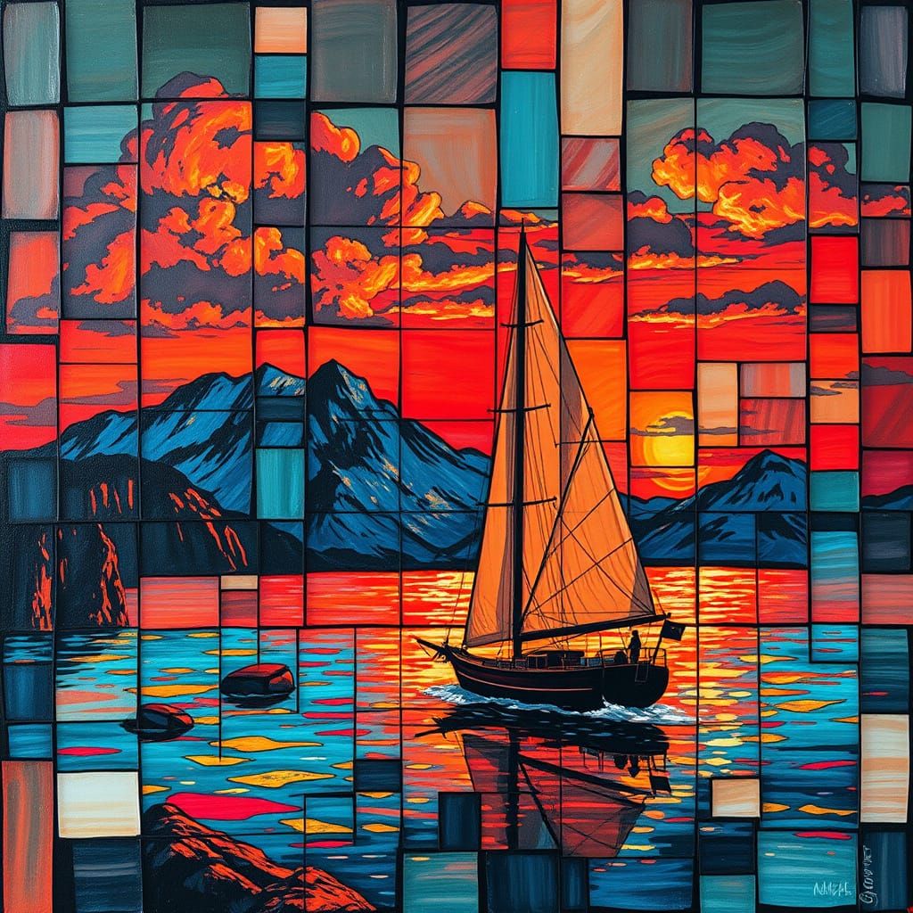 Abstract Cubist Sailboat Oil Painting with Sunset