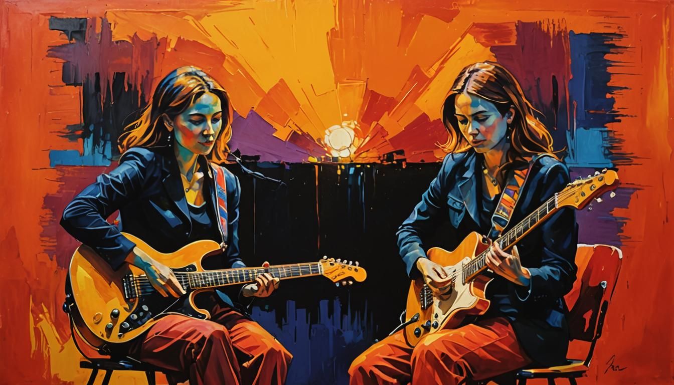 Dynamic Oil Painting of Two Guitarists on Stage