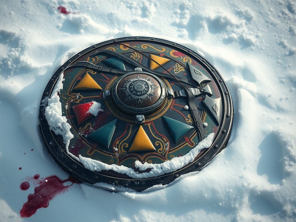 Battle-Worn Shield in Snowy Aftermath