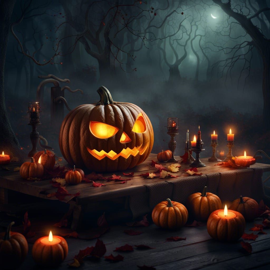 Eerie Carved Pumpkin on Misty Halloween Night