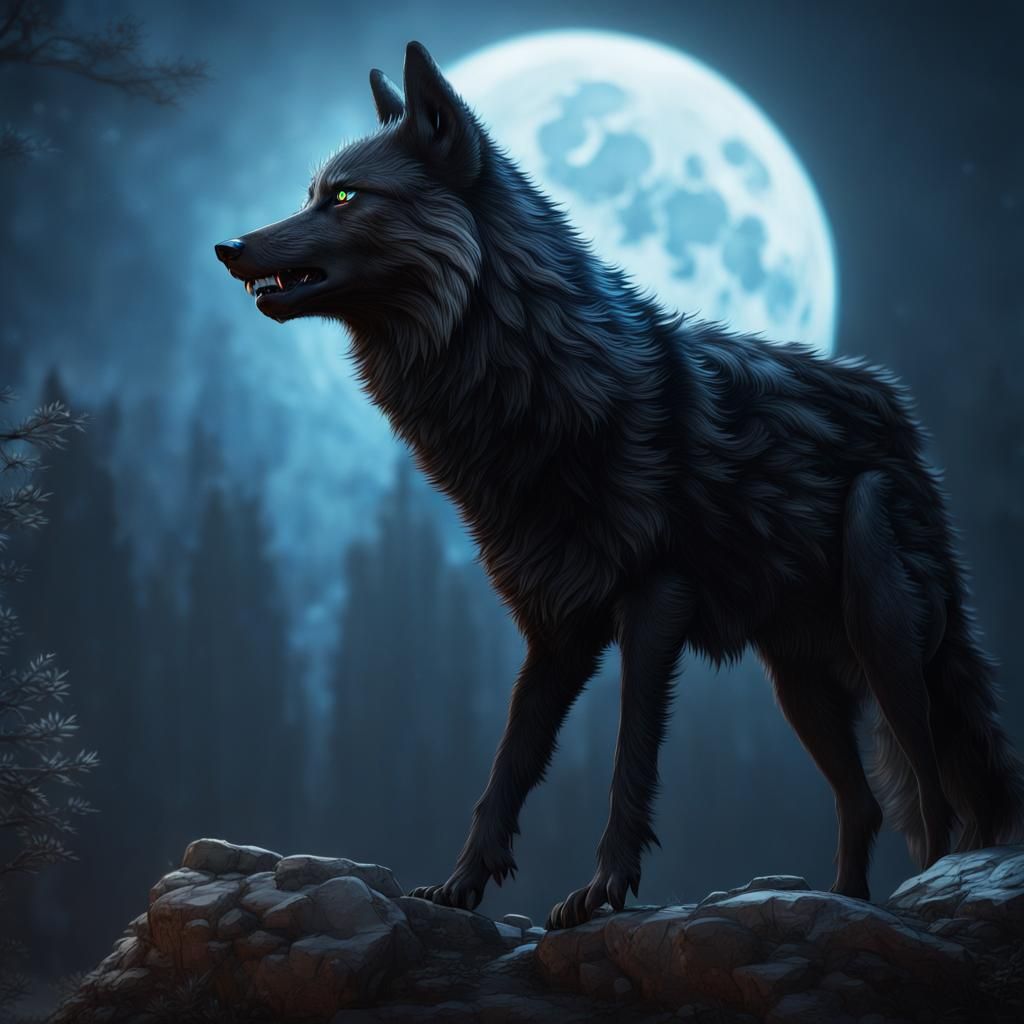 Black Wolf Howling at the Moon: Fantasy Concept Art