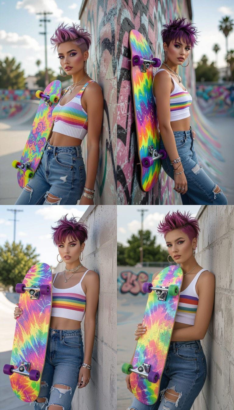 Rock and Roll Emo Skater Girl in Pastel Rainbow Tie-Dye Styl...