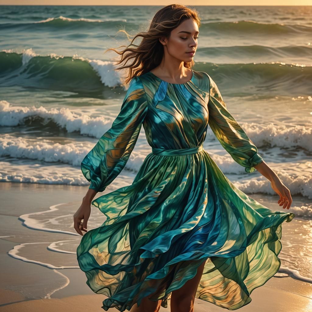 Sunset Beach: Girl in Ocean-Wave Dress, Hyperrealistic Art