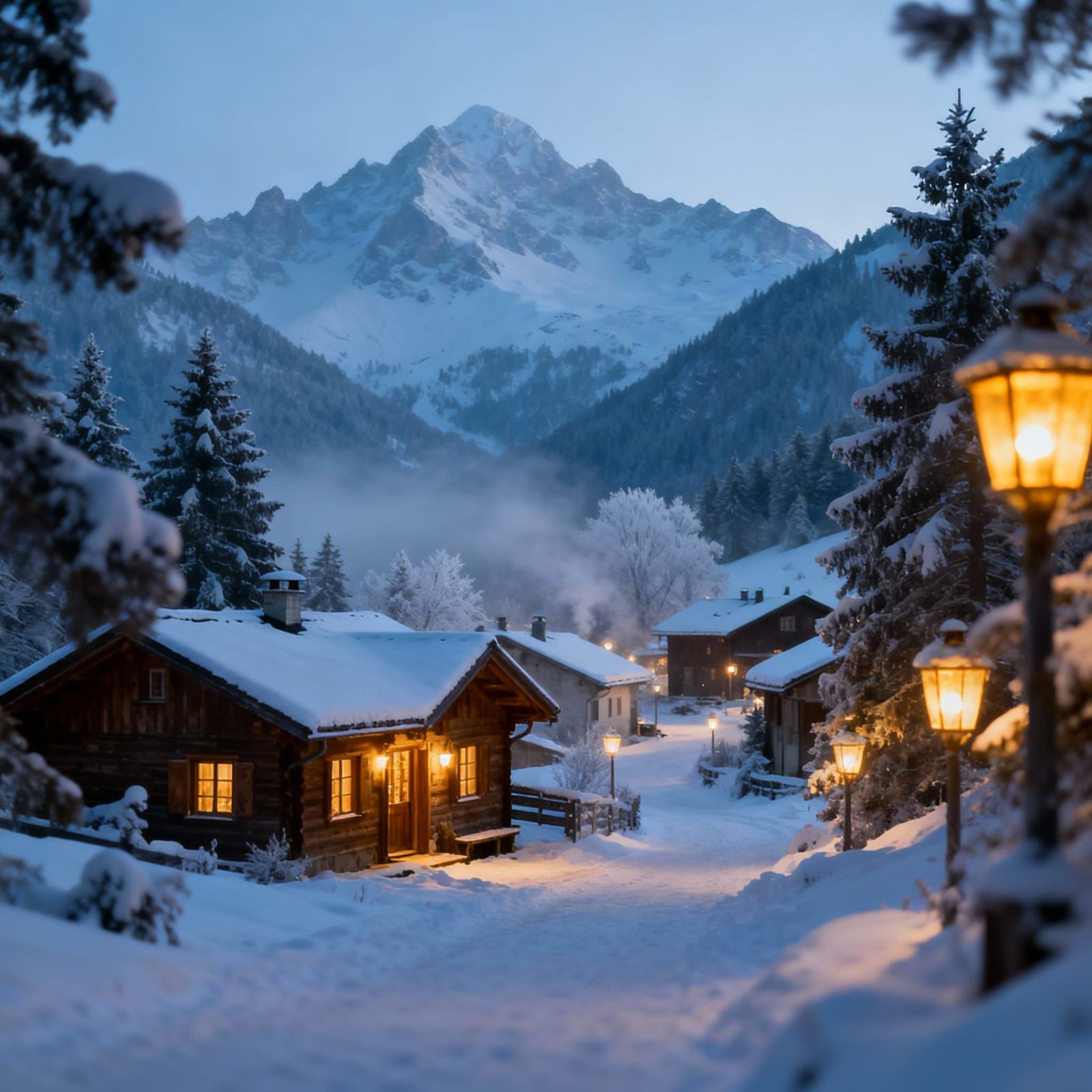 Snowy Alpine Village Aglow With Lanterns At Night