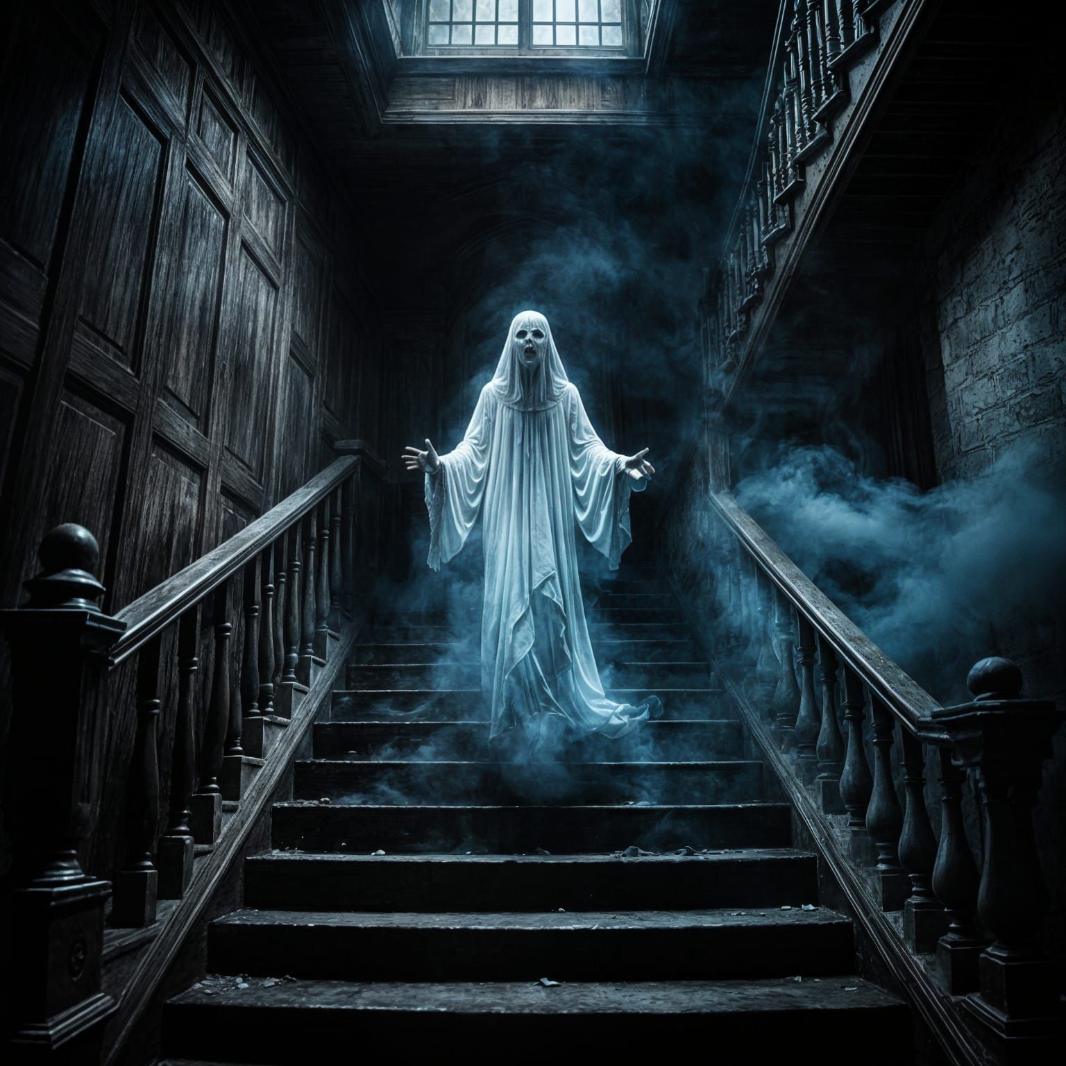 Ghostly Entity Descends Haunted Staircase in Neon Smoke