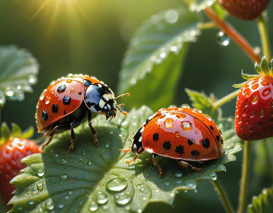 Vibrant Ladybug on Dewy Leaf Amidst Ripe Strawberries in Gar...