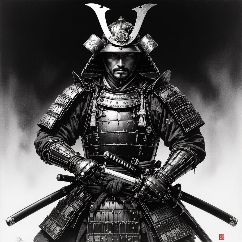 Samurai Warrior in Detailed Armor: Pencil Shading
