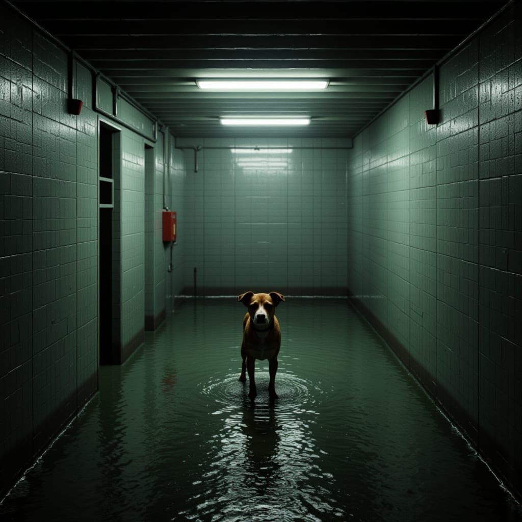 Dog in Flooded Garage, Professional Photo
