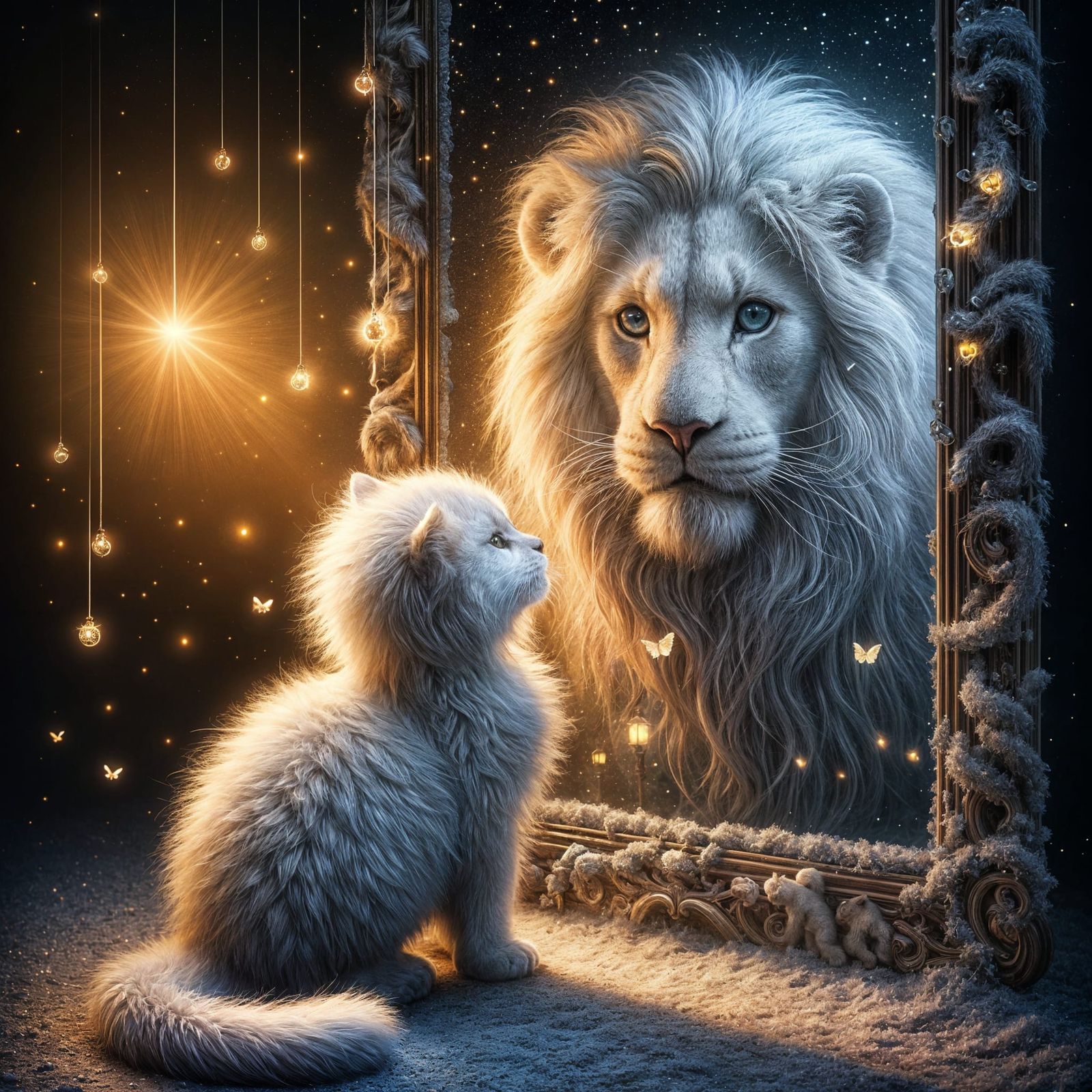 Cat and Lion Reflection in Ethereal Night Scene