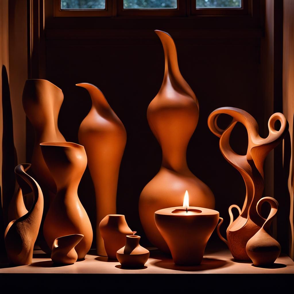 Ornate Lit Clay Pottery in Hyperrealistic Style