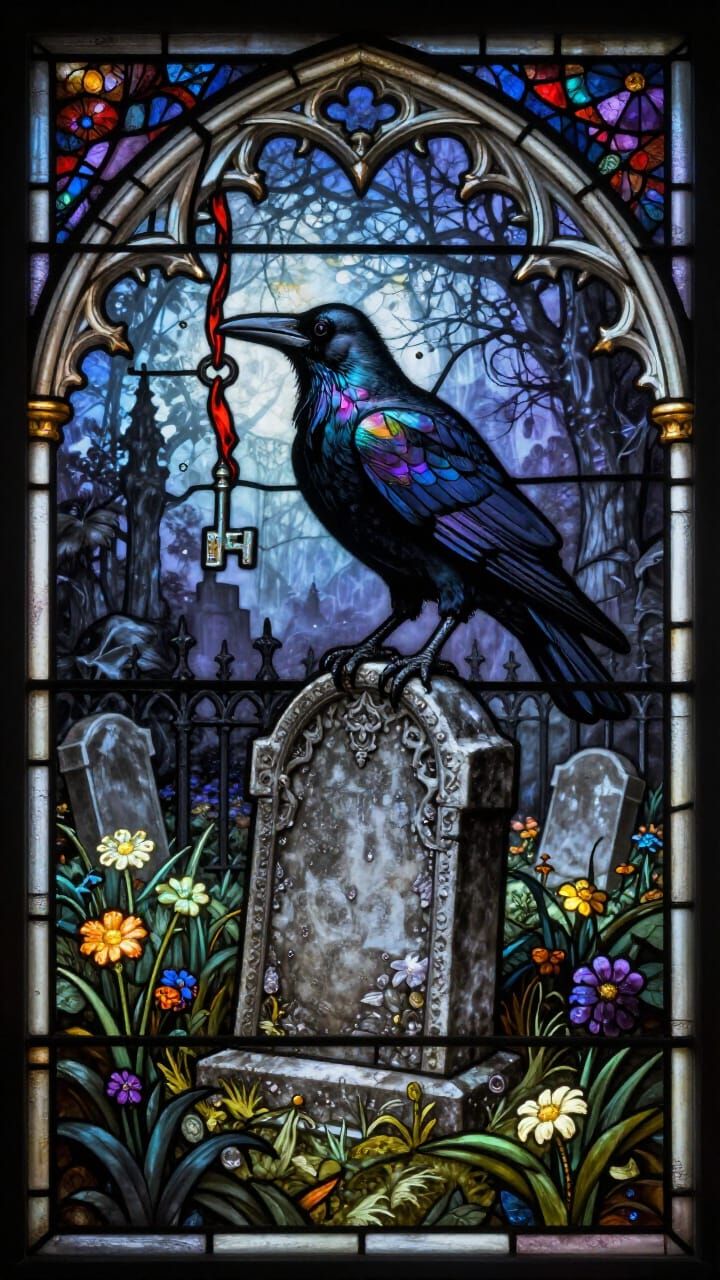 Gothic Graveyard Stained Glass Art with Crow and Key