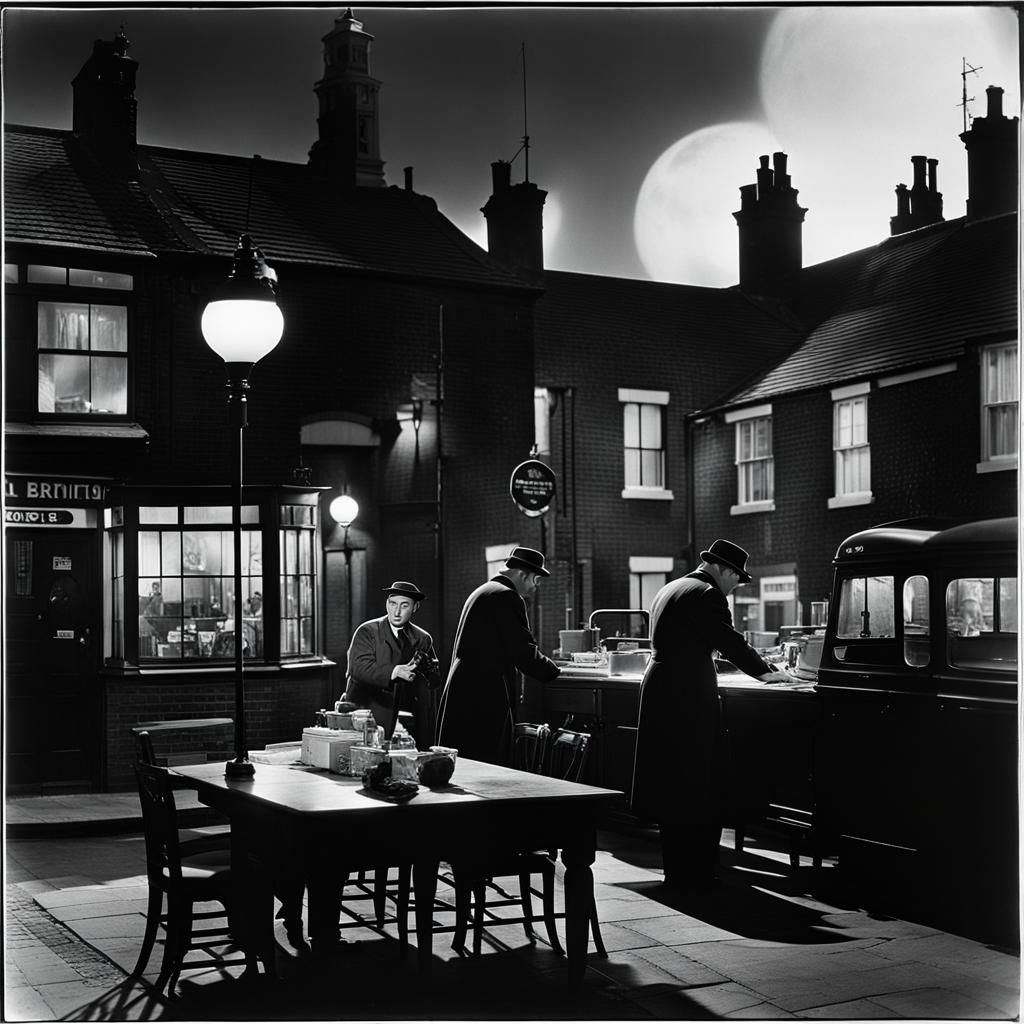 Atmospheric British Film Noir Scene in Black and White