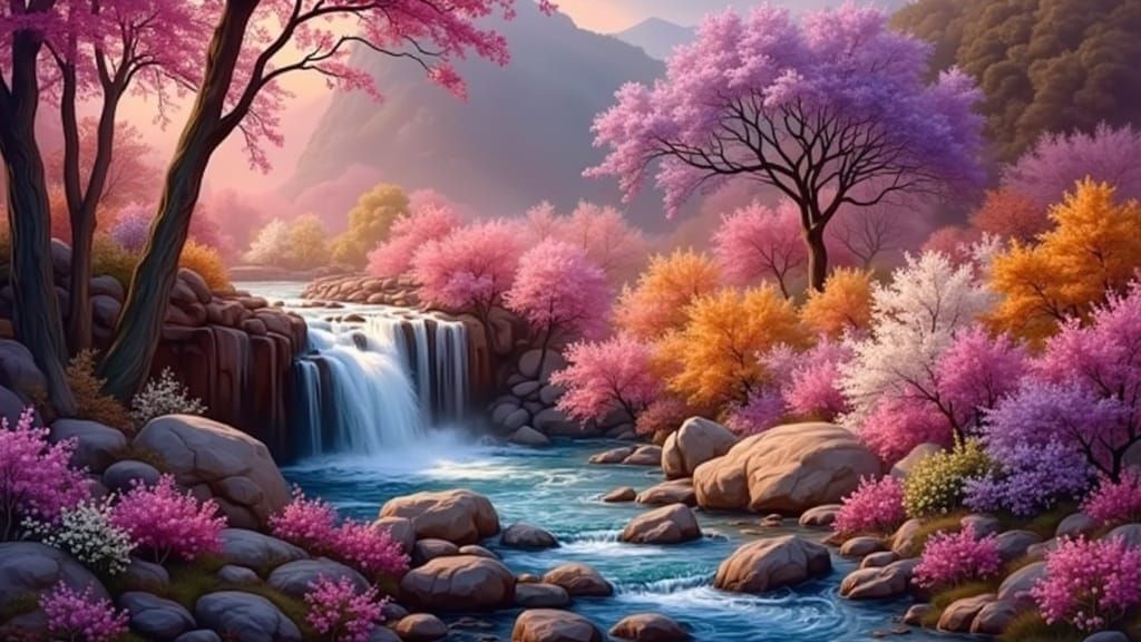 Spring River Landscape in Expressive Oil Painting Style