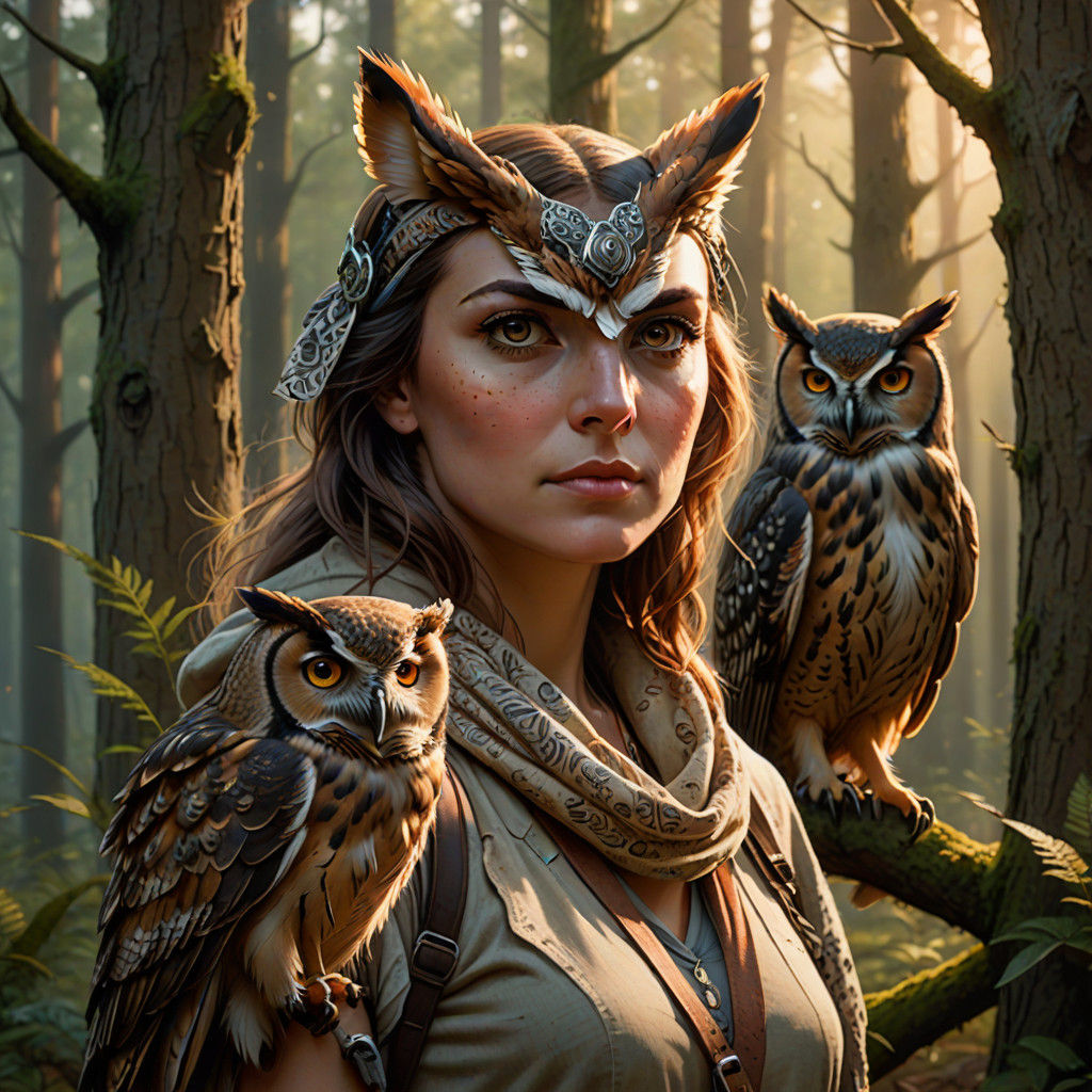 Girl in Whimsical Forest Setting with Owl Companion