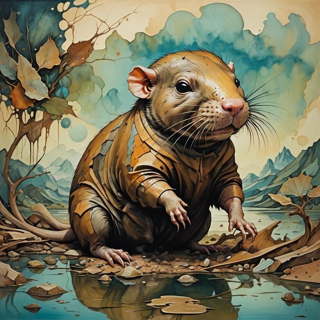 Surreal Mole-Rat in Abstract Oil Decoupage