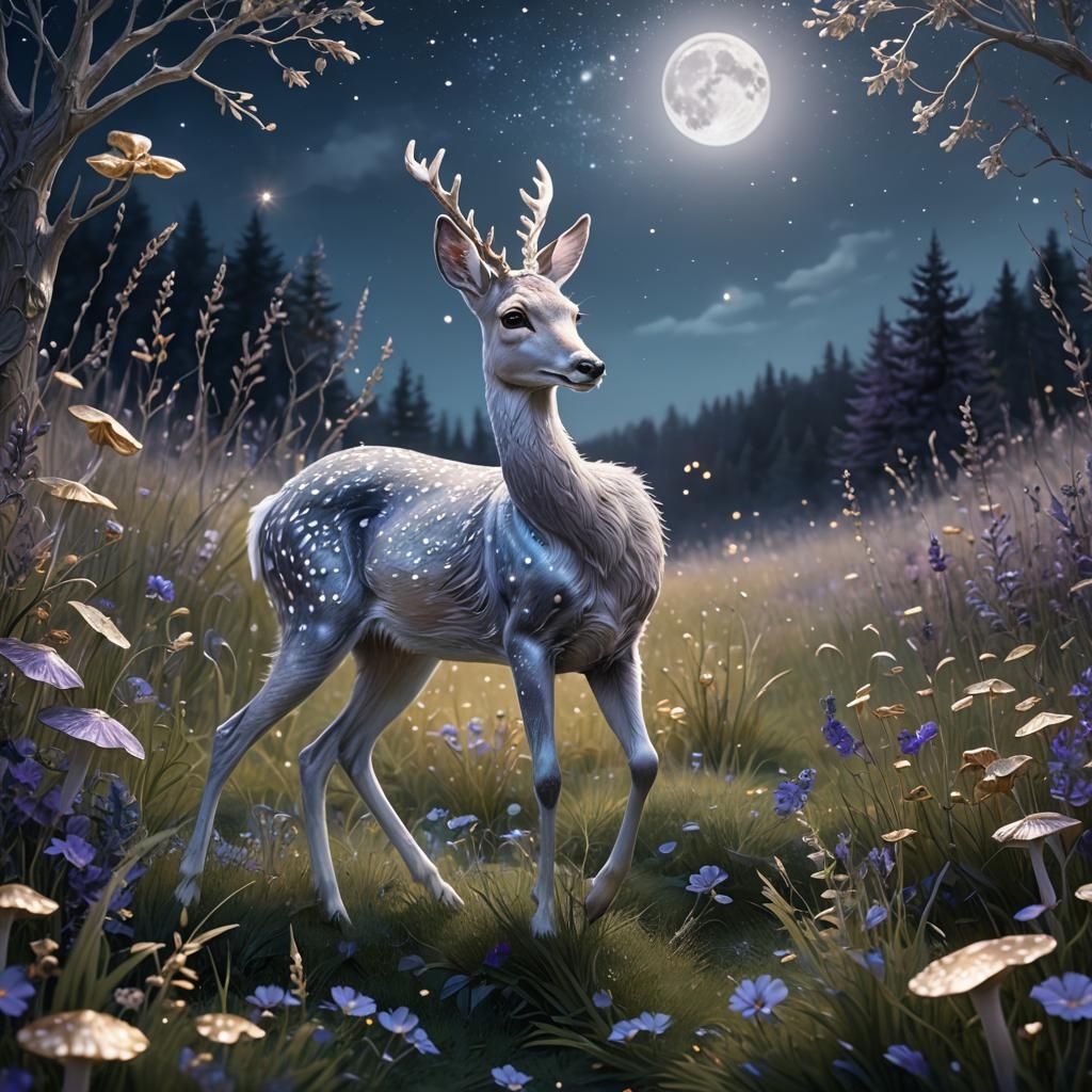 Silver Doe in Starry Meadow: Fantasy Concept Art