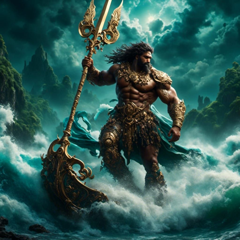 Poseidon in Stormy Sea with Trident