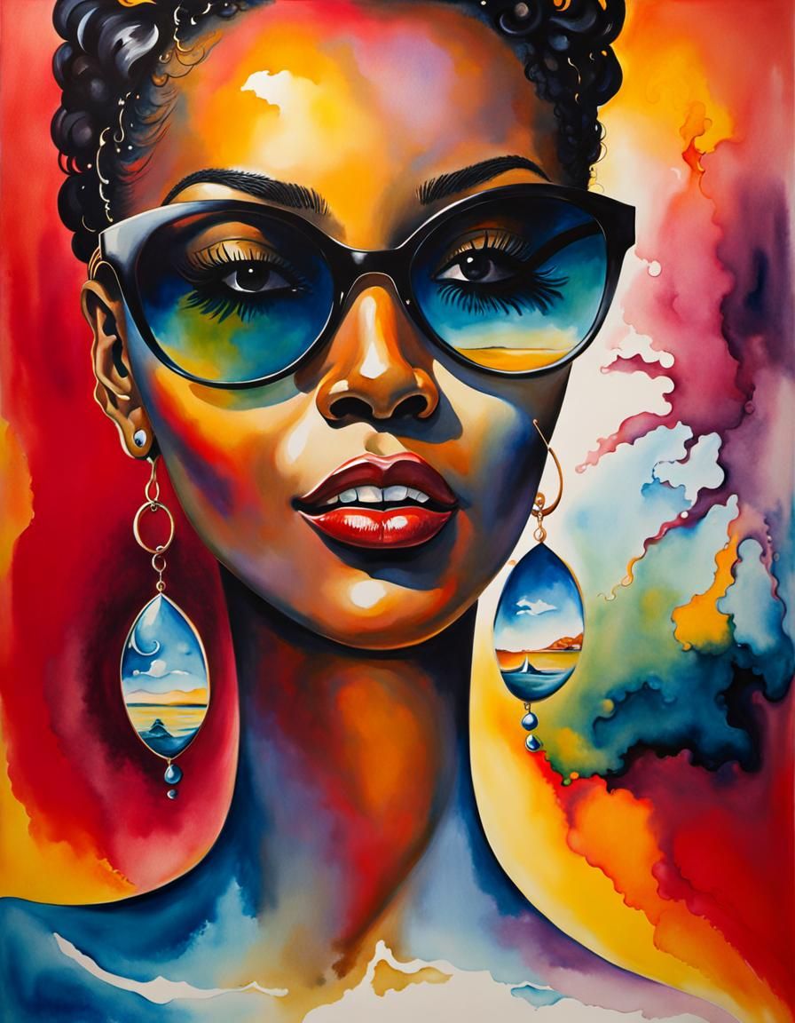 Happy Woman Portrait in Surreal Watercolor Style