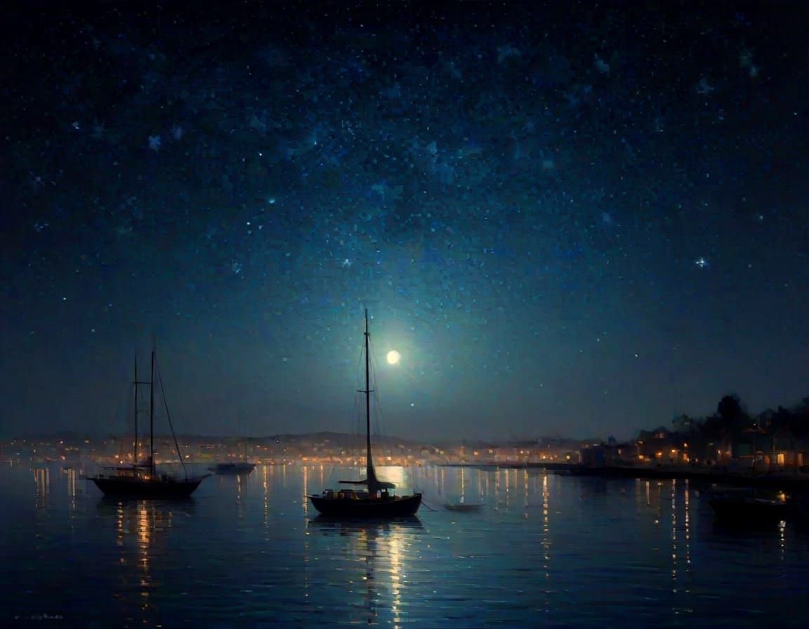 Mysterious Nighttime Harbor Scene in Pointillist Style