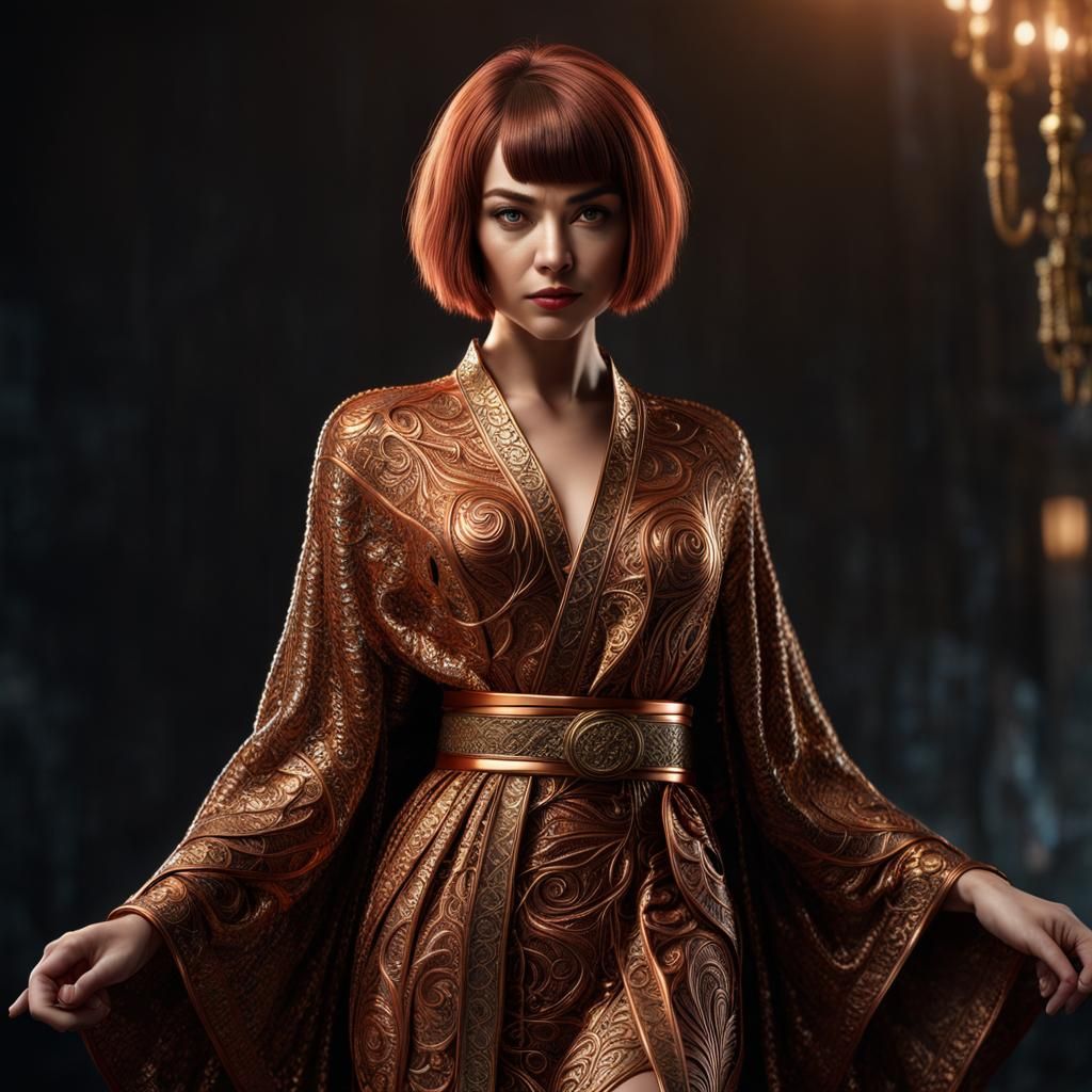 Copper Wire Woman in Ornate Robe: Hyperrealistic Art