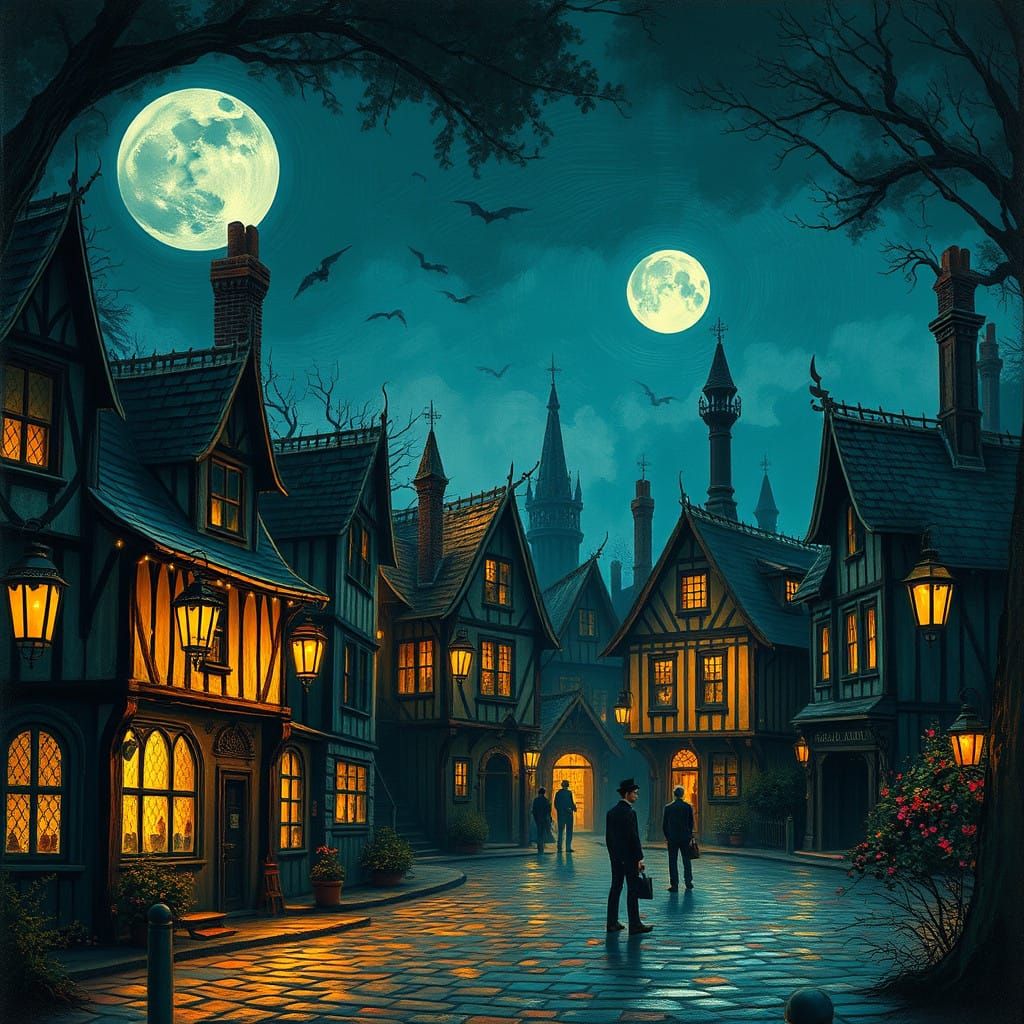 Ethereal Victorian Village at Dusk in Tim Burton's Whimsy