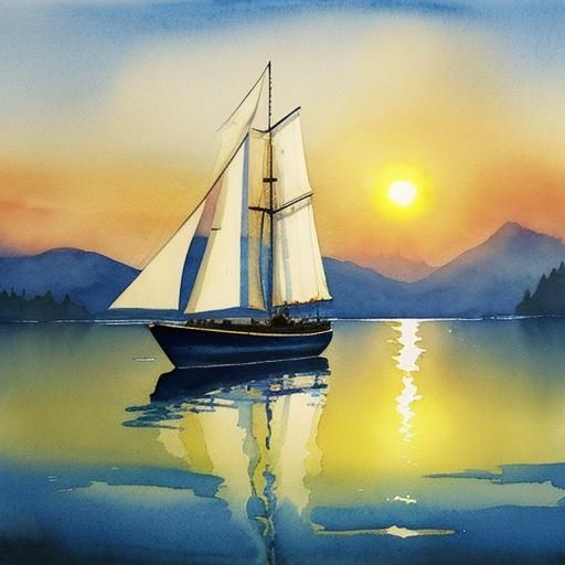 Majestic Sailboat on Lake in Watercolor Style