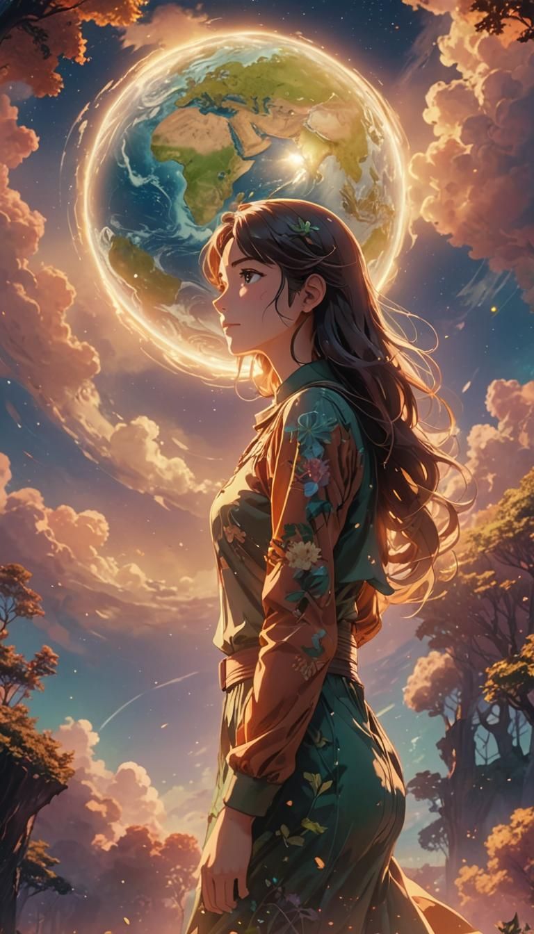 Anime Woman Hugs Earth in Flat 3D Style