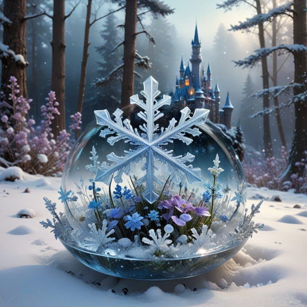 Glass Snowflake With Rainbow Castle in Forest