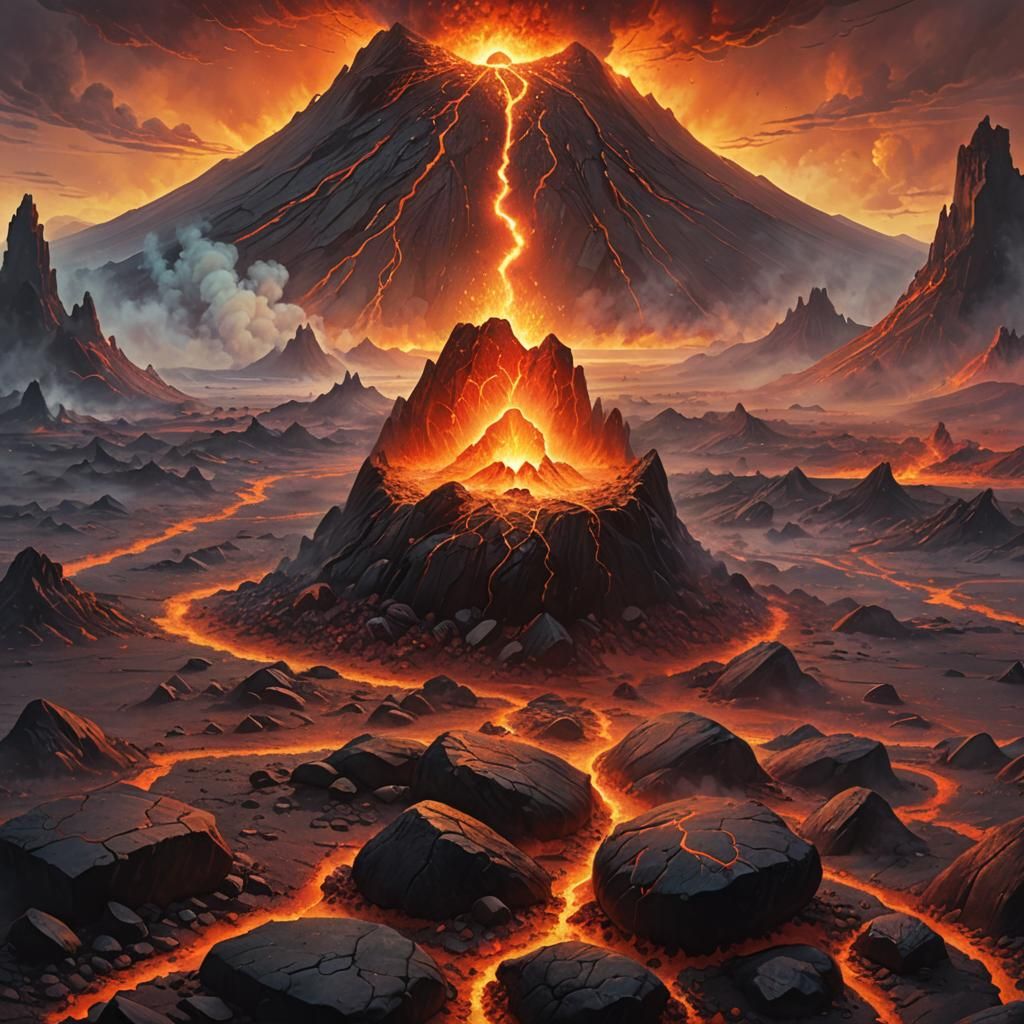 Goddess Holding Glowing Pebble Near Volcanoes