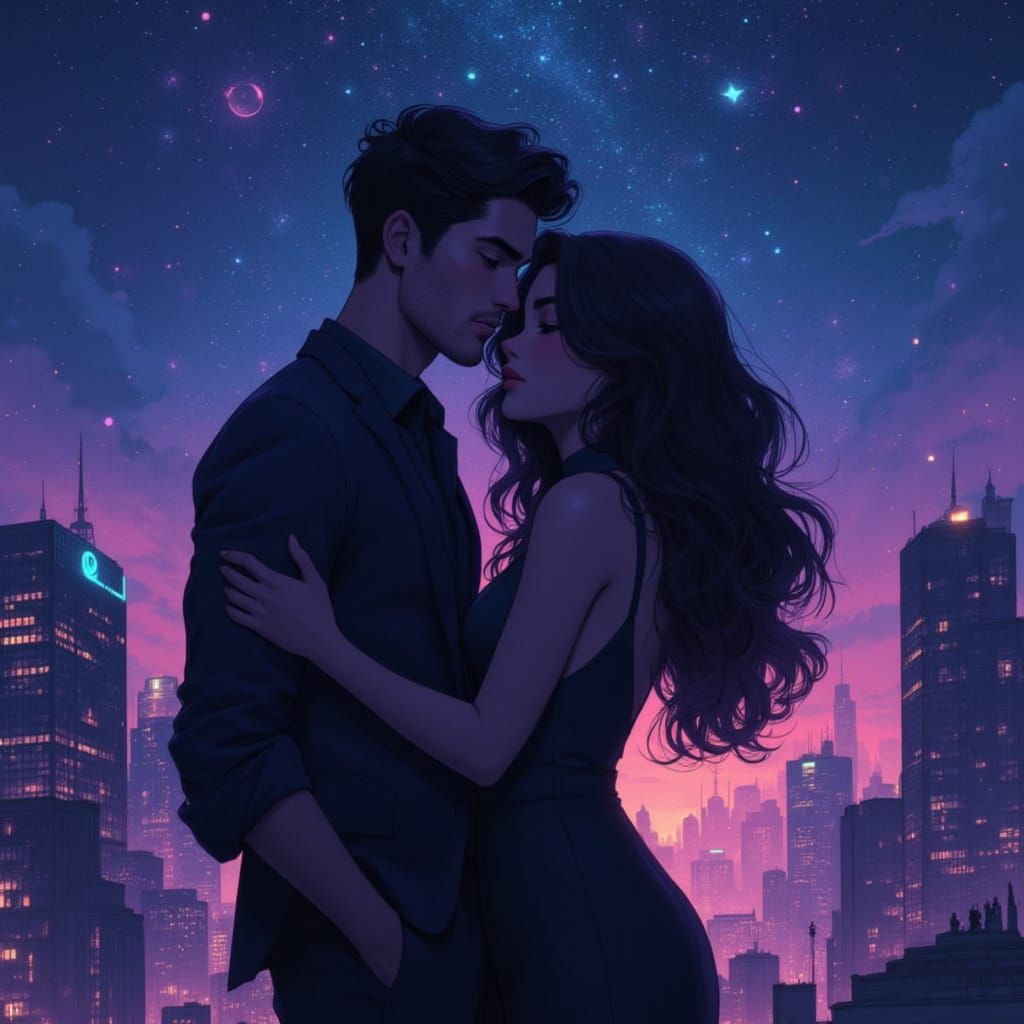 Couple Embracing Above Magical City